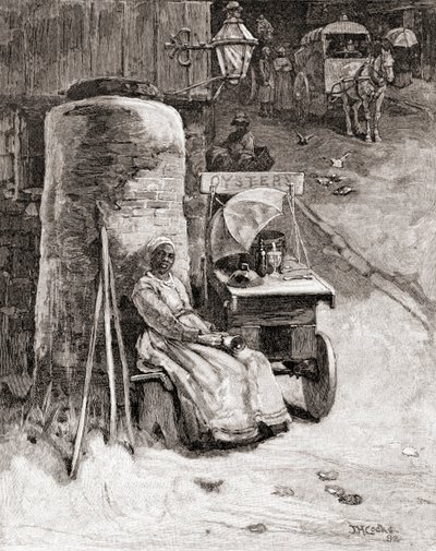 Sprzedawca ostryg z wózkiem w pobliżu Washington Navy Yard, Waszyngton D.C., w XIX wieku, z "The Century Illustrated Monthly Magazine", opublikowanego w 1884 r. (rycina) autorstwa American School