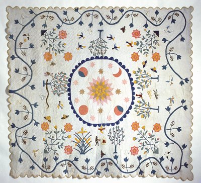 Pikowana aplikacja ze słońcem, księżycem, gwiazdami i ogrodem Eden, z Arkansas, ok. 1850-80 (bawełna) autorstwa American School