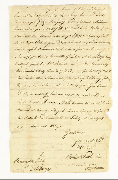 Arnold Benedict (1741-1801) Generał Armii Kontynentalnej, zdrajca. List z autografem („Benedict Arnold Commr. w Ticonderoga”) do Komitetu Bezpieczeństwa w Albany, Ticonderoga, 22 maja 1775 (pióro i tusz na papierze) autorstwa American School