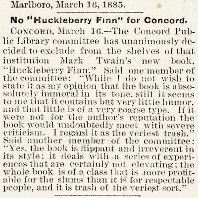 Artykuł w Boston Daily Globe dotyczący delegalizacji Huckleberry Finn w Concord, Massachusetts, z 16 marca 1885 (druk gazetowy) autorstwa American School