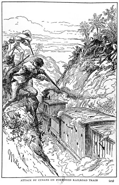 Atak Kubańczyków na ufortyfikowany pociąg kolejowy, ilustracja z Historii Kuby Murata Halsteada, wydanej w 1898 r. autorstwa American School