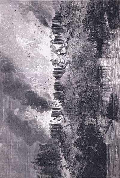 Atak na fort Pequot, ilustracja z pubu Cassell