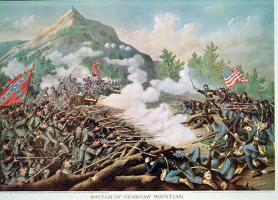 Bitwa pod Kenesaw Mountain, Georgia, 27 czerwca 1864, grawerowana przez Kurza i Allison autorstwa American School