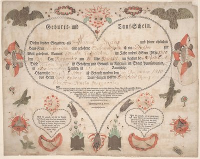 Akt urodzenia i chrztu (Geburts und Taufschein) dla Marii Cathariny Raup c.1806 (pióro i atrament z akwarelą na papierze) autorstwa American School