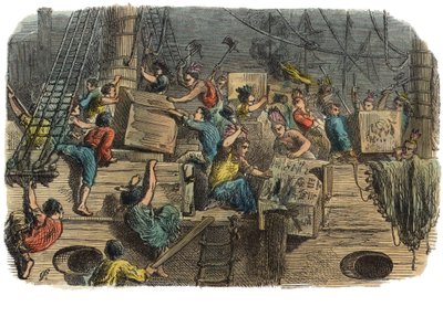 Boston Tea Party, ok. 1860 (ręcznie barwiony grawerunek) autorstwa American School