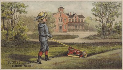 Chłopiec koszący trawę przed wiejskim domem (chromolitho) autorstwa American School