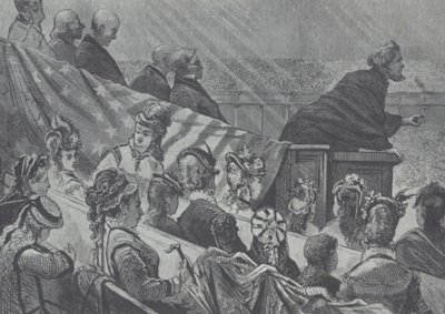 Brigham Young obserwowany przez wiele młodych żon, gdy głosił w Wielkim Przybytku Mormonów w stanie Utah autorstwa American School