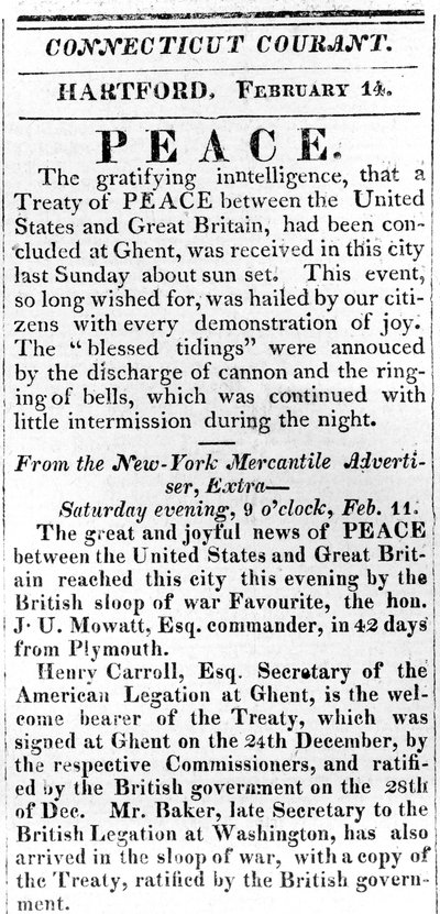 Broadside ogłaszający pokój między USA a Wielką Brytanią po wojnie 1812, wydrukowany w Connecticut Courant, 1815 (druk) autorstwa American School