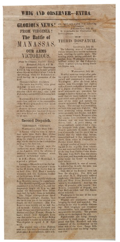 Broadside ogłaszający pierwszą bitwę pod Manassas, Whig i Observer Extra, po 22 lipca 1861 autorstwa American School