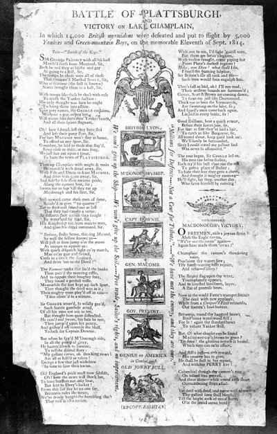 Broadside z wojny 1812, m.in. Bitwa pod Plattsburgh i Victory on Lake Champlain (druk) autorstwa American School