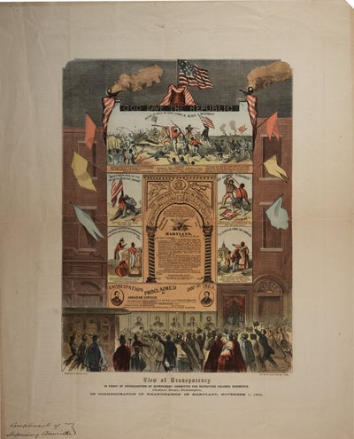 Broadside dotyczący rekrutacji Afroamerykanów i świętowania emancypacji w Maryland, Ringwalt & Brown (fl.1863-1865), ok. 1 listopada 1864 (patrz także GLC 696015, 696016 i 696017) autorstwa American School