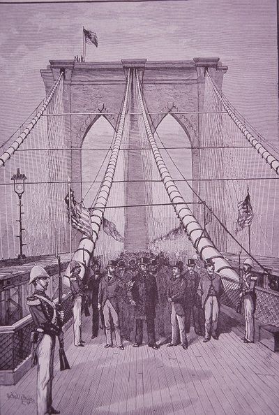 Brooklyn Bridge, prezydent Arthur podczas ceremonii otwarcia, 24 maja 1883 (grawerowanie) autorstwa American School
