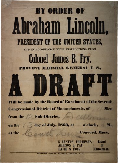 Z rozkazu Abrahama Lincolna... Projekt (projekt dla 110 mężczyzn, Dedham, Massachusetts), 13 lipca 1863 r. autorstwa American School