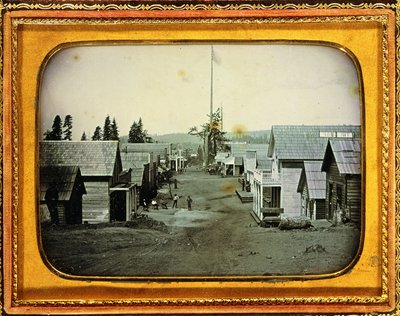 California Gold Mining Town, ok.1852 (połowa płyty dagerotyp, wytłaczana skórzana koperta) autorstwa American School