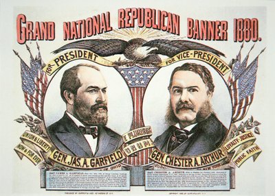 Plakat kampanii dla kandydata na prezydenta Jamesa A. Garfielda (1831-81) i kolegi, Chestera A. Arthura (1829-86) 1880 (kolor lito) autorstwa American School