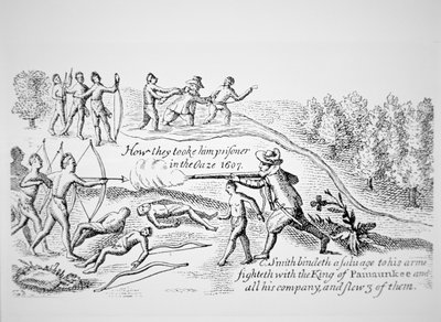 Kapitan John Smith wzięty do niewoli przez Indian, z Generall History of Virginia, New England & the Summer Isles. autorstwa American School