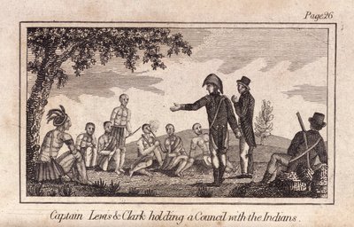 Kapitan Lewis i Clarke na naradzie z Indianami, wyd. 1812 (grawerowanie) autorstwa American School