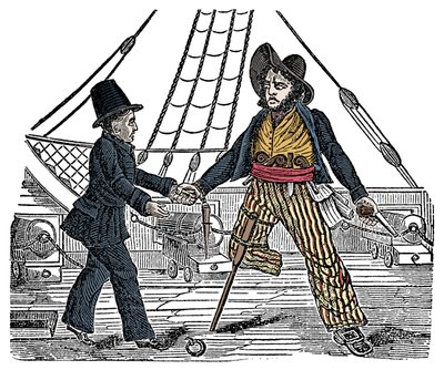 Kapitan Mackra i pirat mają drewnianą nogę Grawer z „Księgi własnej piratów” XIX w. autorstwa American School