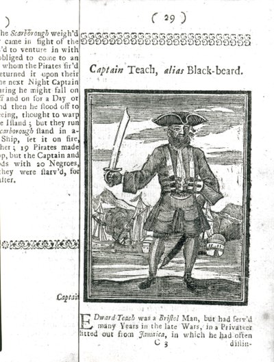Kapitan Teach, Alias Black Beard, z Historii i życia wszystkich najbardziej znanych piratów i ich załóg, Londyn, 1725 autorstwa American School