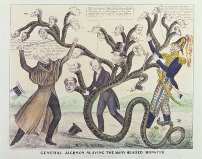 Karykatura generała Jacksona (1767-1845) Slaying the Many Headed Monster, opublikowana przez H.R. Robinsona, ok. 1836 (pióro i atrament, ołówek i toaleta na papierze) autorstwa American School
