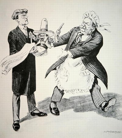 Karykatura przedstawiająca prezydenta Williama H. Tafta (1857-1930) przekazującego problematyczną „sytuację meksykańską” swojemu następcy prezydentowi Woodrowowi Wilsonowi (1856-1924) 1913 (lito) autorstwa American School