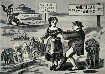 Karykatura przedstawiająca Johna Bulla próbującego powstrzymać rosnący napływ pracowników do USA, ok. 1850 (rycina) autorstwa American School