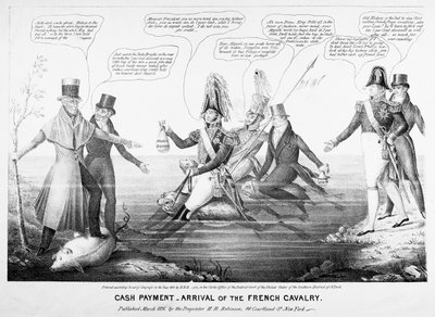 Płatność gotówkowa - Przybycie francuskiej kawalerii, opublikowane przez HR Robinsona, Nowy Jork, 1836 (wyryte) autorstwa American School