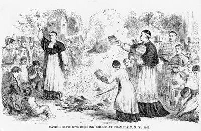 Księża katoliccy palący Biblie w Champlain, Nowy Jork, ilustracja z antykatolickiej broszury, 1842 autorstwa American School