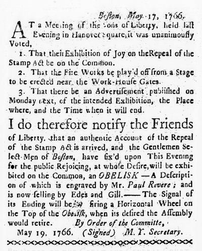 Obchody uchylenia ustawy stemplowej, z Boston Gazette, 19 maja 1766 (druk gazetowy) autorstwa American School