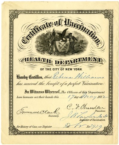 Certificate of Vaccination, the Health Department of the City of New York..., 1882 (rycina [certyfikat] wypełniony atramentem) autorstwa American School