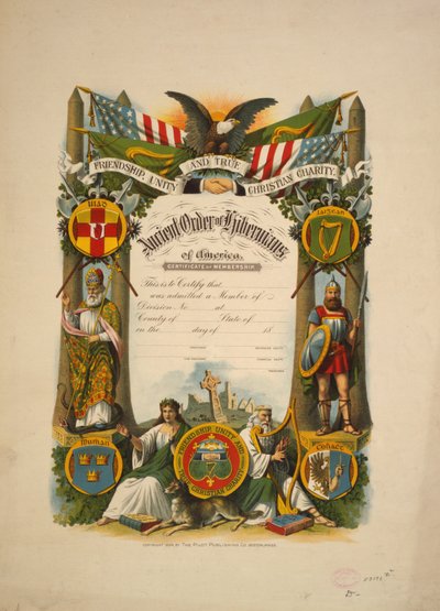 Certyfikat przynależności do Starożytnego Zakonu Hibernianów Ameryki, ok. 1894 (litografia kolorowa) autorstwa American School
