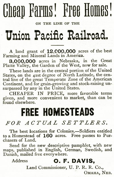 Tanie farmy i wolne domy na linii Union Pacific Railroad, ogłoszenie z Appletons Journal, 4 maja 1872 r. autorstwa American School