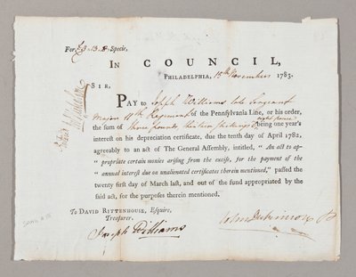 Czek na trzy funty i trzynaście szylingów dla Josepha Williamsa, 13 listopada 1783 autorstwa American School