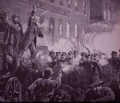 Chicago Haymarket Pracy Riot z 1886 roku, grawerowanie opublikowane w tygodniku Harpera autorstwa American School