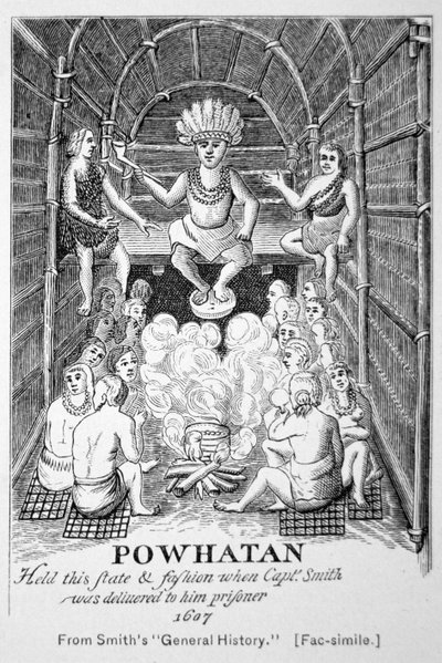 Wódz Powhatan, gdy pojawił się w 1607 roku, z „Generall Historie of Virginia, New England & the Summer Isles” Smitha autorstwa American School