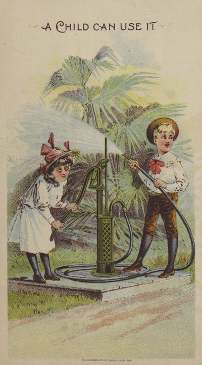 Dzieci bawiące się pompą wodną (chromolitho) autorstwa American School