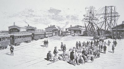Chińscy imigranci lub "Coolies" przybywający do San Francisco do pracy przy budowie kolei transkontynentalnej w latach 60. XIX wieku (lito) autorstwa American School