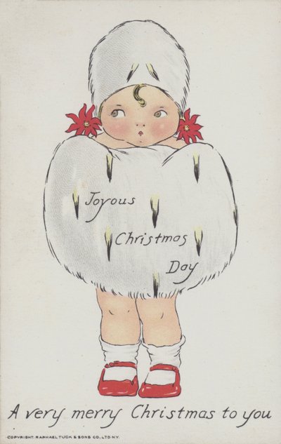 Świąteczna kartka z życzeniami przedstawiająca dziecko w świątecznej futrzanej mufce i czapce. (chromolitho) autorstwa American School