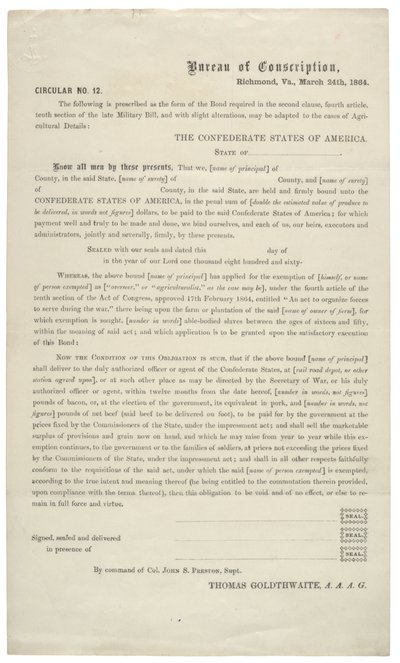Okólnik nr. 12, blankiet wniosku o zwolnienie ze służby w Armii Konfederacji, 24 marca 1864 r. autorstwa American School