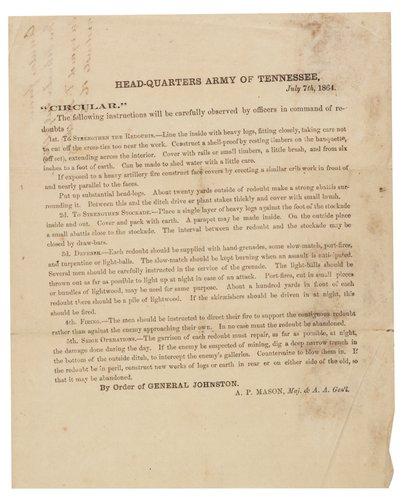 Okólnik dotyczący budowy i fortyfikacji redut używanych przez Armię Tennessee, 7 lipca 1864 autorstwa American School