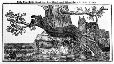 Pułkownik Davy Crockett mocząc głowę i ramiona w Salt River, z Crocketts Almanac, 1837 (druk gazetowy) autorstwa American School