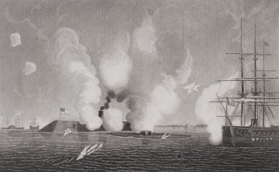Walka między Konfederackim CSS Virginia (po lewej) i Union USS Monitor (w środku) 9 marca 1862 w Hampton Roads, Virginia (szczegóły patrz 254609) autorstwa American School