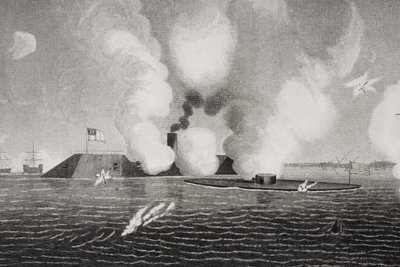 Walka między Konfederackim CSS Virginia (po lewej) a Union USS Monitor (po prawej) 9 marca 1862 w Hampton Roads w stanie Wirginia (szczegóły 254608) autorstwa American School