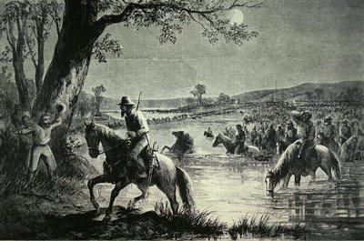 Armia Konfederacji przekraczająca Brody na rzece Potomac podczas inwazji na Maryland w 1862 roku (lito) autorstwa American School
