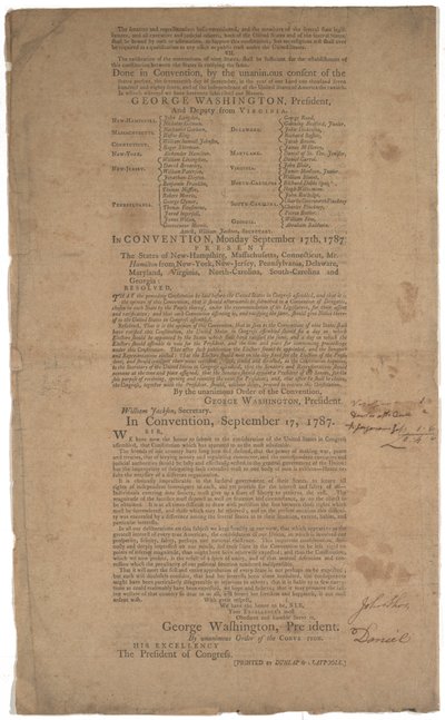 Konstytucja, pierwszy druk, wydrukowana przez Dunlap & Claypoole, 17-19 września 1787 (patrz także GLC 695933, GLC 695934 i GLC 695935) autorstwa American School