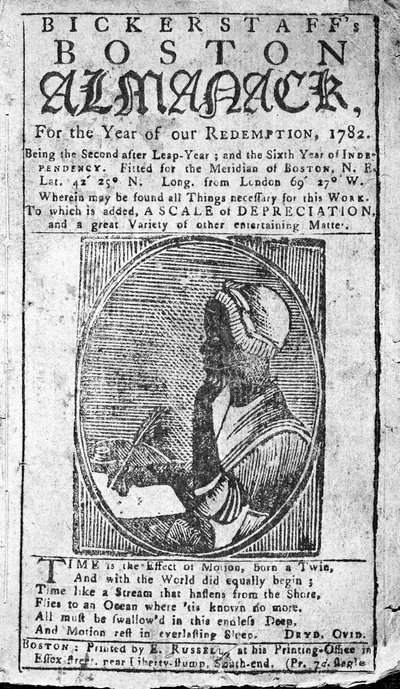 Okładka Bickerstaffs Boston Almanack z portretem Phillisa Wheatleya (1753-84) wydana w 1782 roku (druk) autorstwa American School
