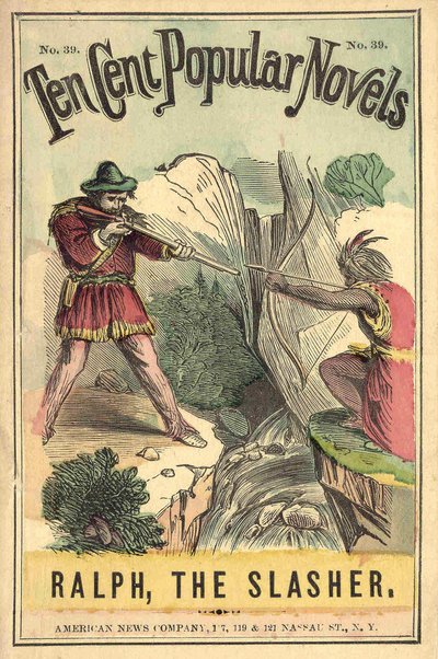 Okładka książki „Dziesięć centów popularnych powieści – Ralph, The Slasher”, nr 39. American News Company. Pojedynek Indian i białych. Płonący sd. początek 20 wieku. autorstwa American School