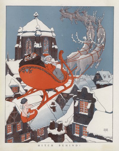 Kupidyn wsiadający na sanie Świętego Mikołaja (kolorowa litografia) autorstwa American School