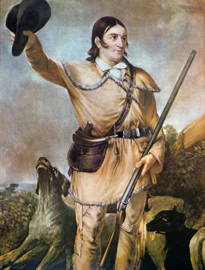 David (Davy) Crockett (1786-1836) ze swoimi psami myśliwskimi w 1836 r. (kolor lito) autorstwa American School