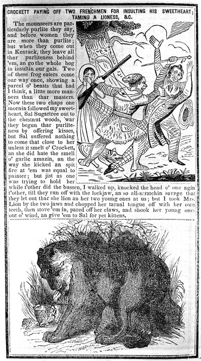 Davy Crockett odpłaca się dwóm Francuzom za obrazę jego ukochanej, oswajanie lwicy itp., ilustracja z Almanachu Crocketta autorstwa American School